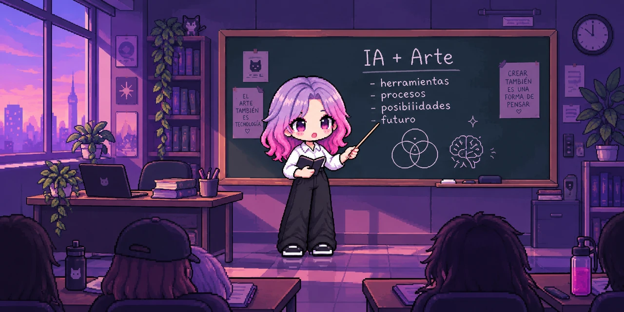 Isha Kim dando clase frente a un pizarrón que dice «IA + Arte: herramientas, procesos, posibilidades, futuro».