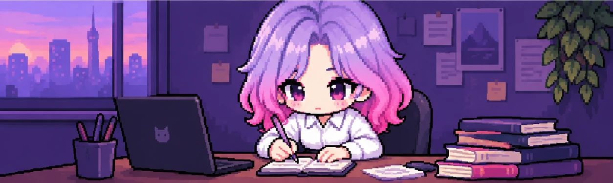 Isha Kim escribiendo en un cuaderno junto a una notebook, con la ciudad al atardecer por la ventana.